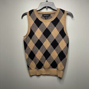 BCBGMaxAzaria Plaid Crewneck Sleeveless Sweater Tank Brown Black XS